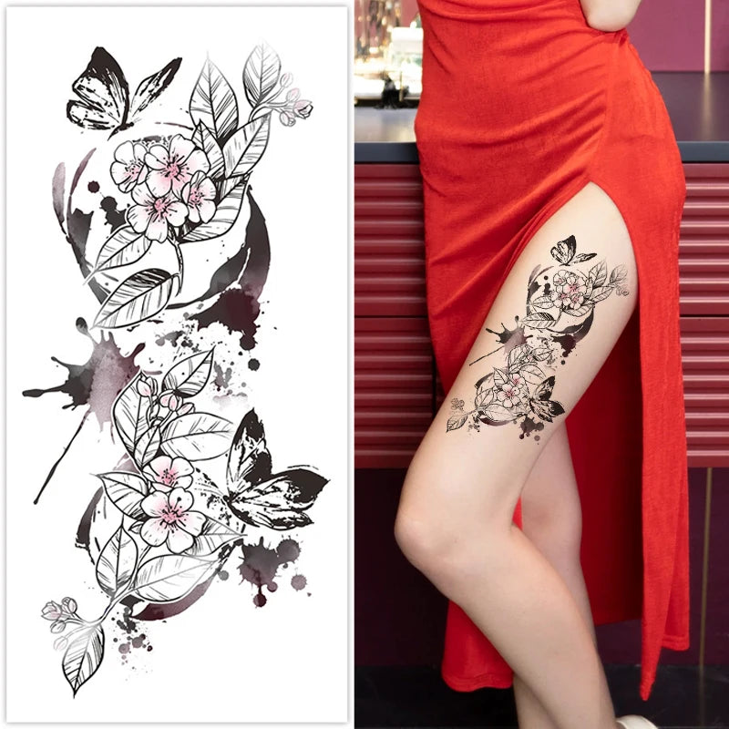 Pink rose and butterfly sexy leg tattoo stickers, realistic, colorful, waterproof, sweatproof, disposable temporary stickers. Qme