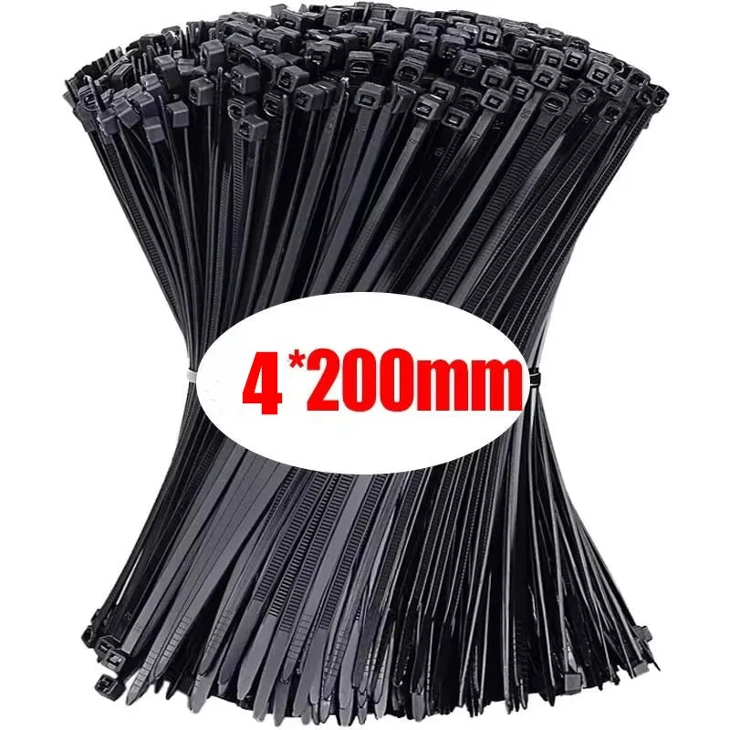 1000/100PCS Wholesale Nylon Cable Clamp Self-locking Cable Ties Adjustable Wire Zip Tie Home Office Plastic Fastening Loop Strap Qme Black(4x200mm) 100PCS