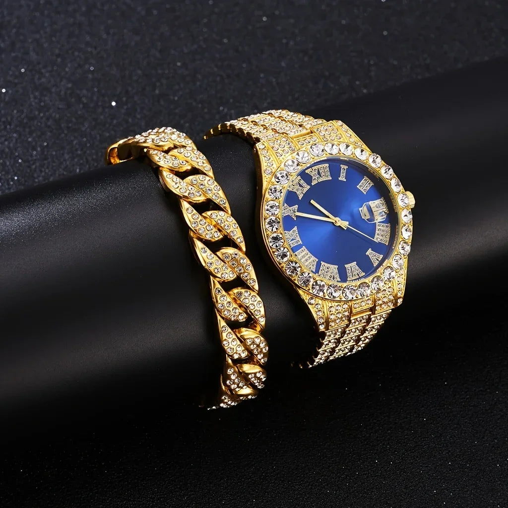 European and American men's personalized hip-hop feng shui ghost Roman diamond studded quartz watch men+hip-hop bracelet Qme