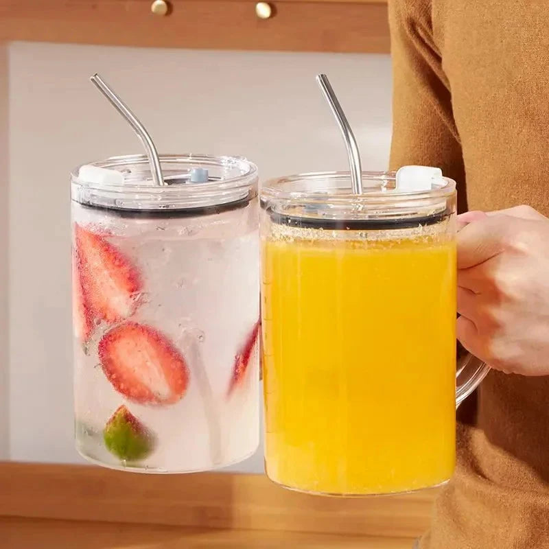 Drinking Glass Tumbler Lid Straw Coffee Cup Mug Milk Juice Qme