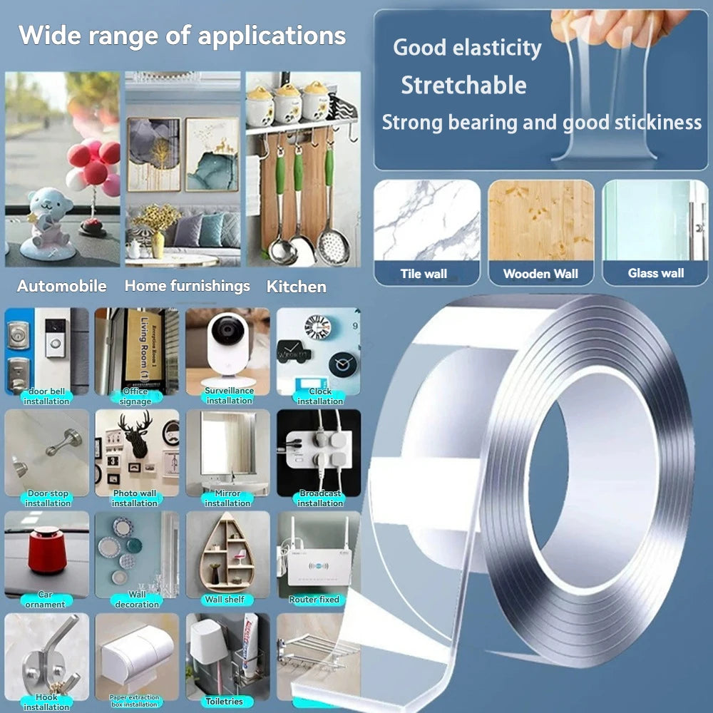 1m 2m 5m Nano Tape Double Sided Tape Transparent Reusable Waterproof Adhesive Strong Tapes Cleanable Kitchen Bathroom Supplie Qme