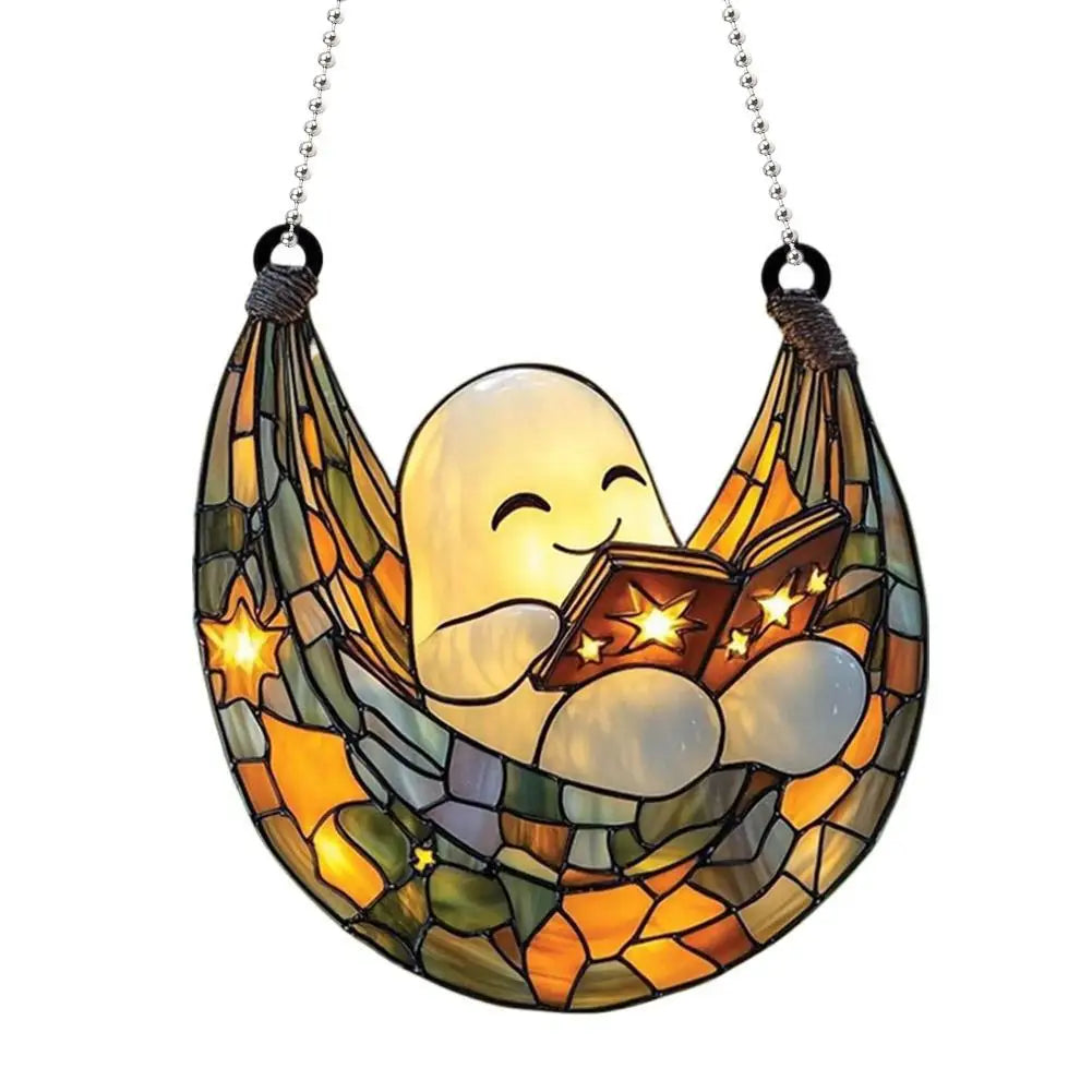 2D Halloween Ghost Reading Book Suncatcher Hanging Decor Acrylic Window Hanging Ornament Colorful Shadow Home Decorations Qme D
