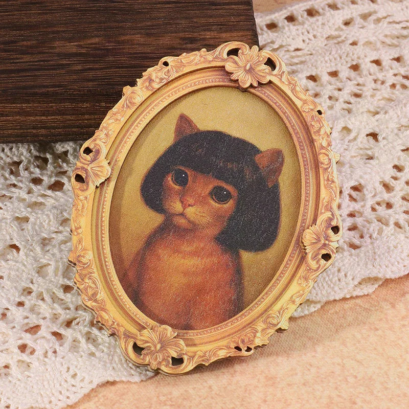 Mini Oval Retro Wooden Photo Frame Fridge Magnet Funny Cat Haircut Qme