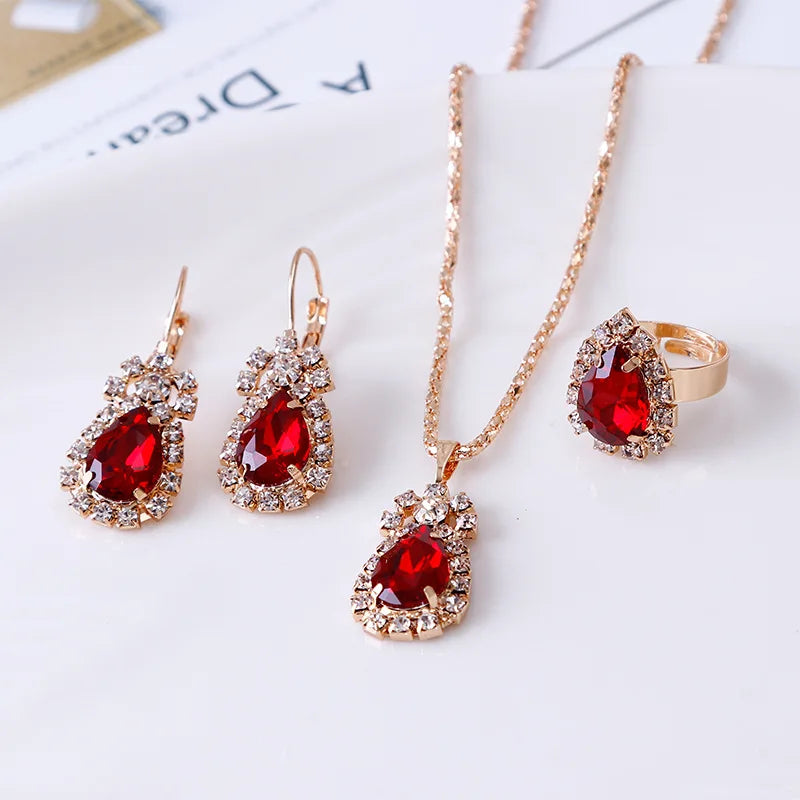 3ps Set Fashion Water Drop White Blue Red Purple Black Temperament Jewelry Sets for Party Women Pendant/Necklace/Earrings/Rings Qme red