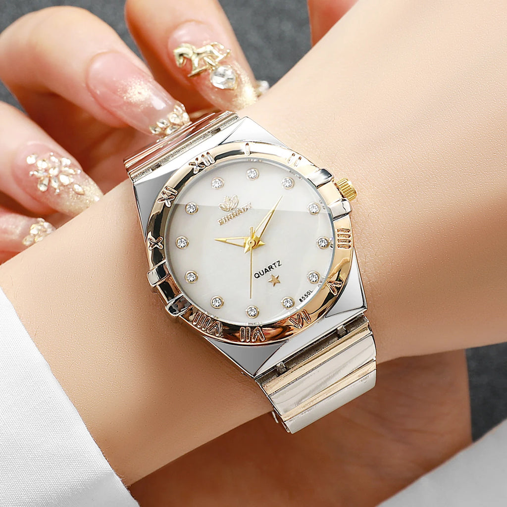 Two Tone Women Quartz Watch Rhinestone Dial Roman Bezel Alloy Band Elegant Ladies Dress Watch Qme