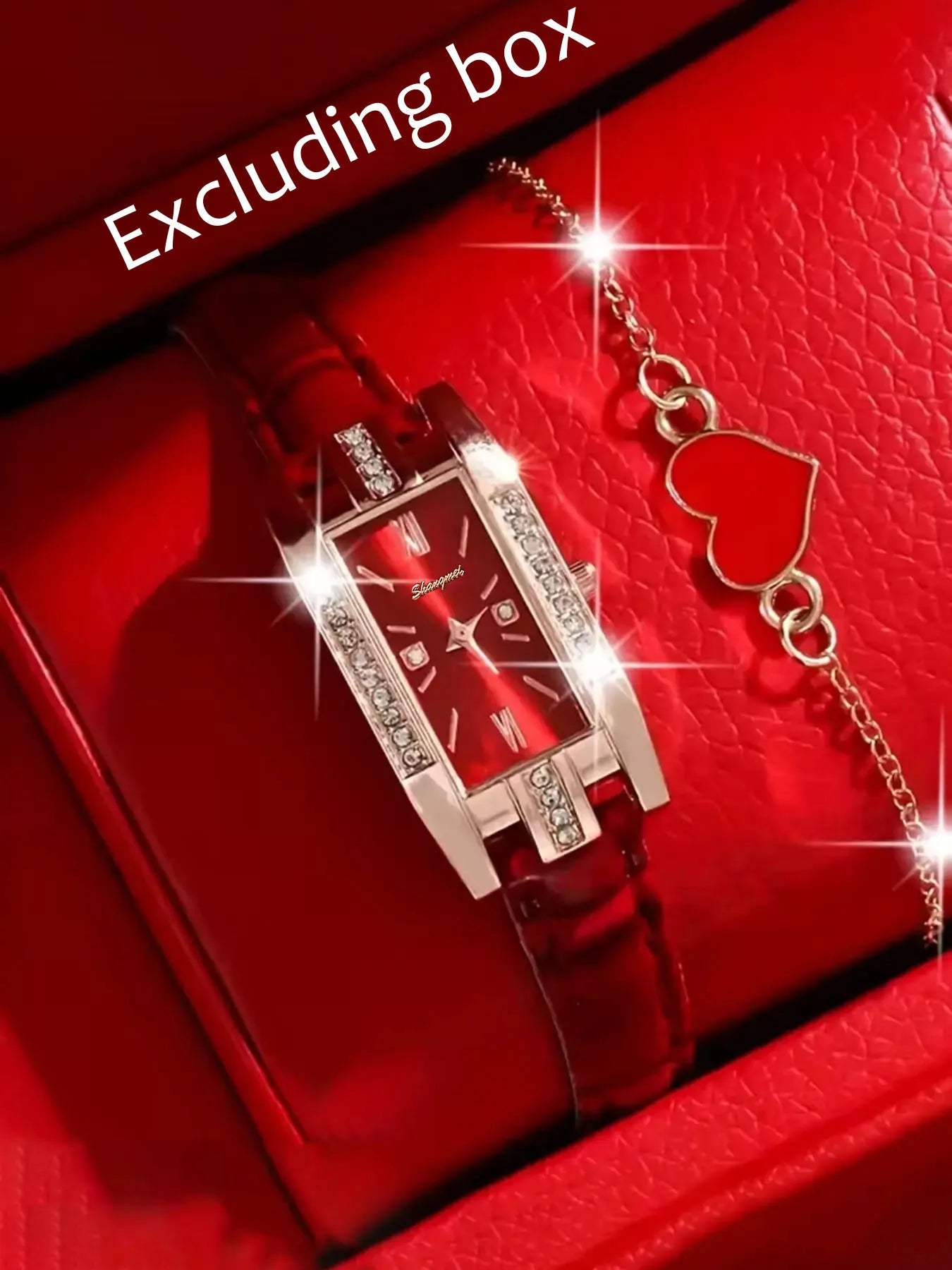 2-piece fashionable casual women's small red watch fashionable versatile diamond studded Roman numeral women's set Qme Red No