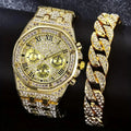 Gold Plated Full Diamond Chronograph Watch + Cuban Link Bracelet, Men's Fashion Bling Jewelry Set for Party/Streetwear Qme 1