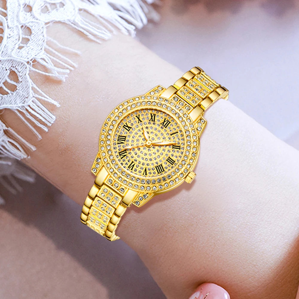 Full Diamond Roman Dial Women's Gold Watch Unlimited Symbol Bracelet Love Bracelet Three Piece Set Accessories Qme