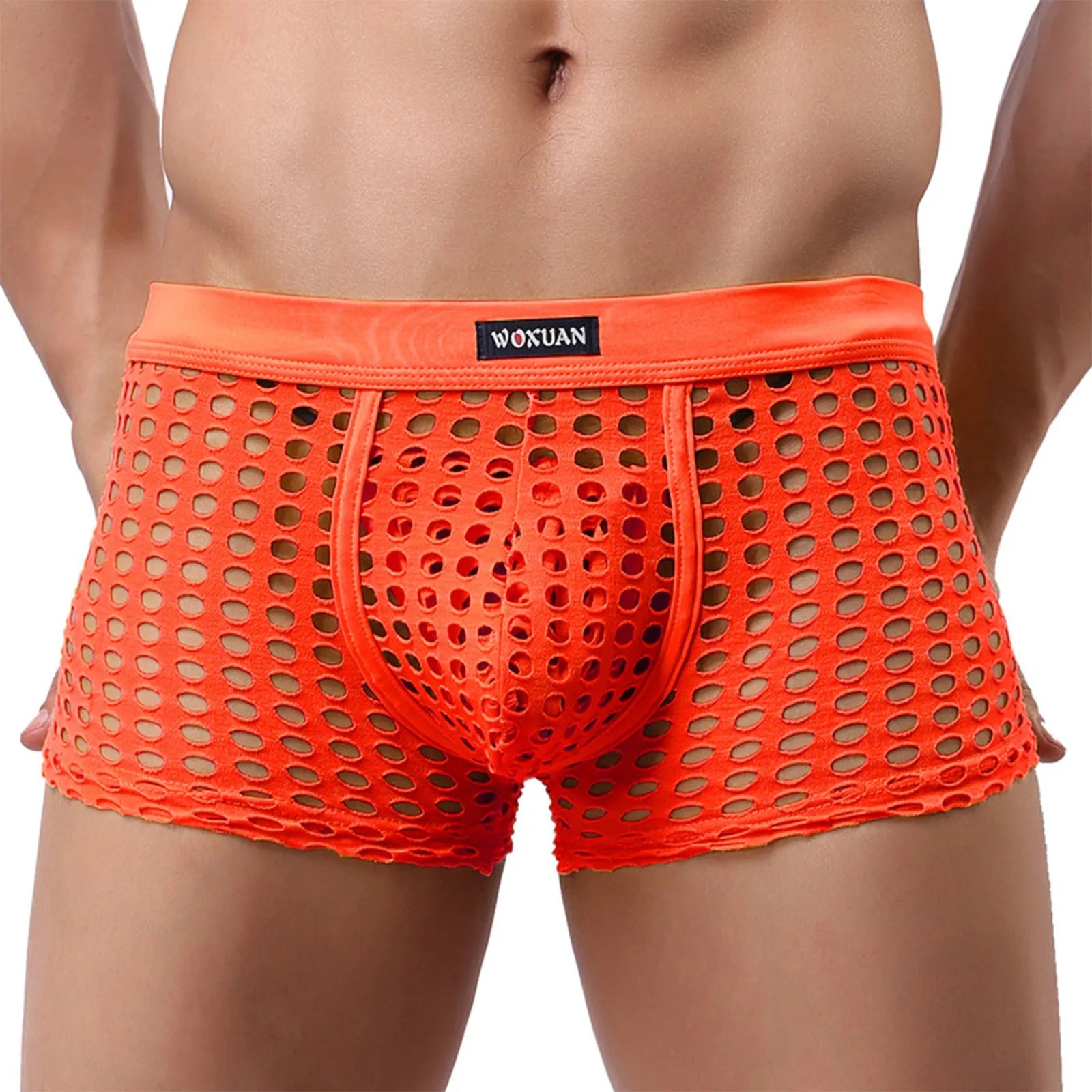 See-through Sexy Mens Mesh Hollowed Out Shorts Underwear Breathable Loose Comfortable Erotic Thongs Qme Orange L