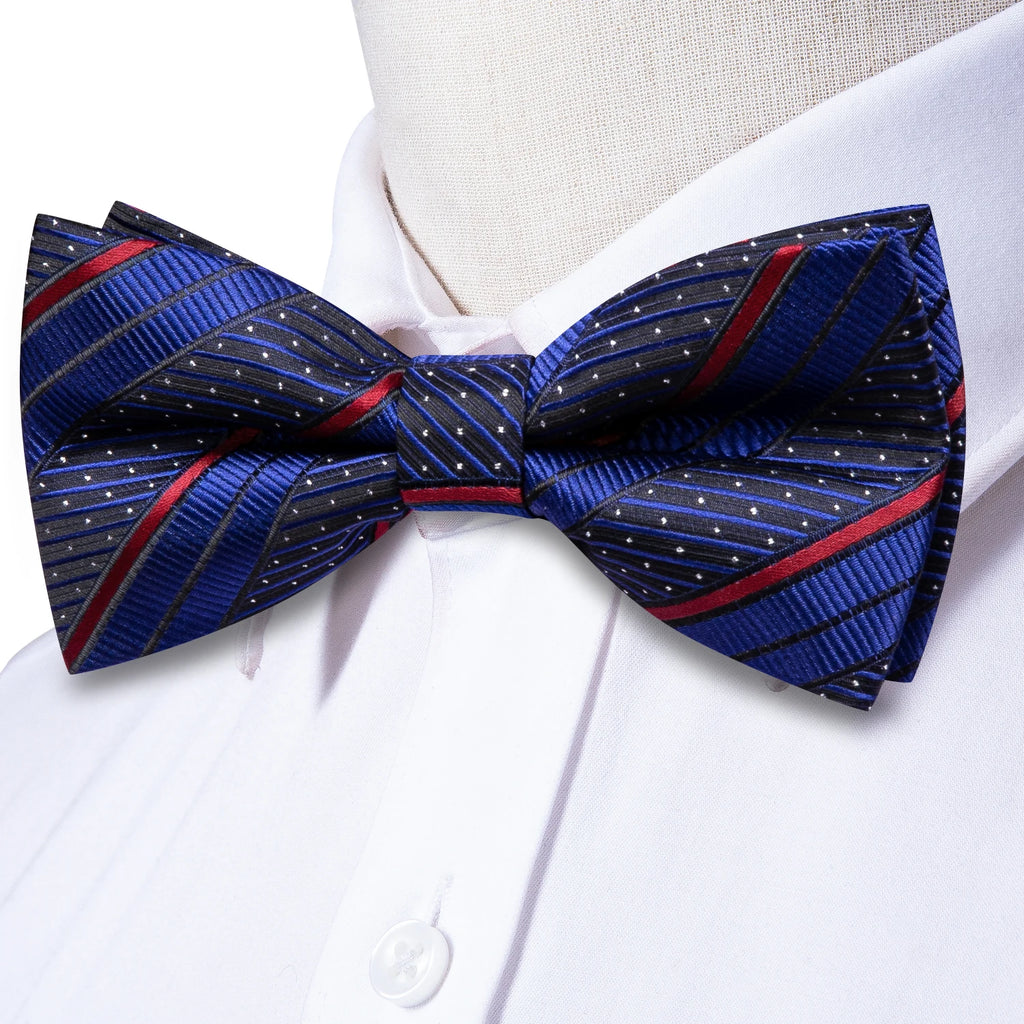 Hi-tie Silk Mens Striped Bow Tie Royal Blue Red Hanky Cufflinks Qme