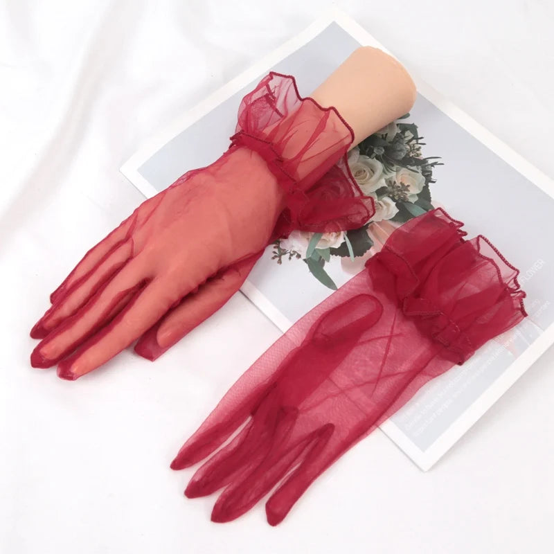 Sexy Transparent Lace Black White Gloves Solid Fashion Women Drive Qme Burgundy