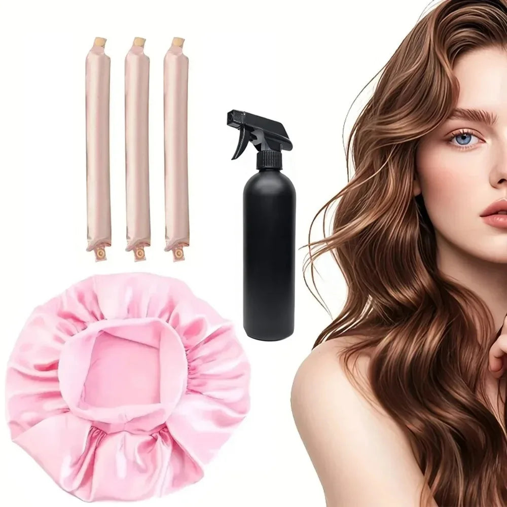 Heatless Hair Curler Satin Sleeping Cap Spray Bottle Overnight Qme