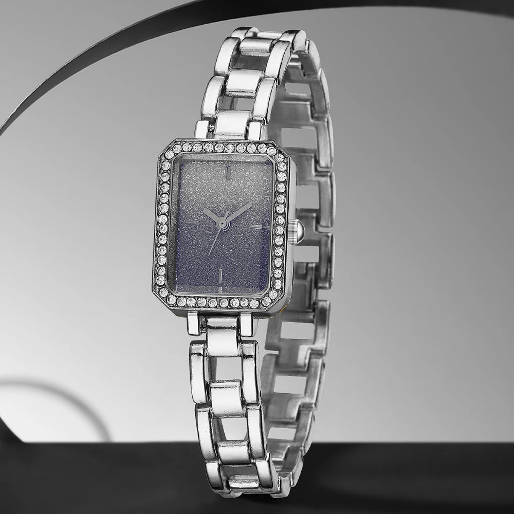 2PCS Silver Women's Watch Set Luxury Trendy Simple Quartz Watch Bracelet Set Suitable for Daily Clothing Matching Perfect Gift Qme