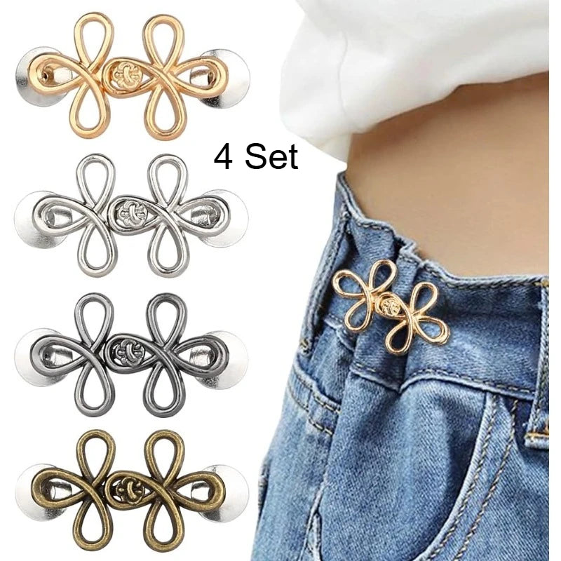 Clover Pant Waist Tightener,Waistband Tightener No Sew Buttons Pants Button Tightener, Detachable Metal Waist Buckle Pants Clips Qme 4 Sets