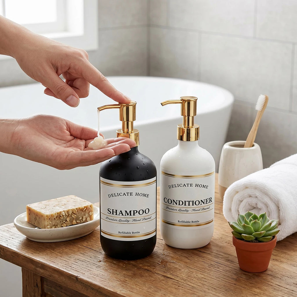 Delicate Home Refillable Shampoo Conditioner Body Wash Bottles Set of 3 Matte Black & White Plastic Pump Bottles Luxury Bathroom Qme