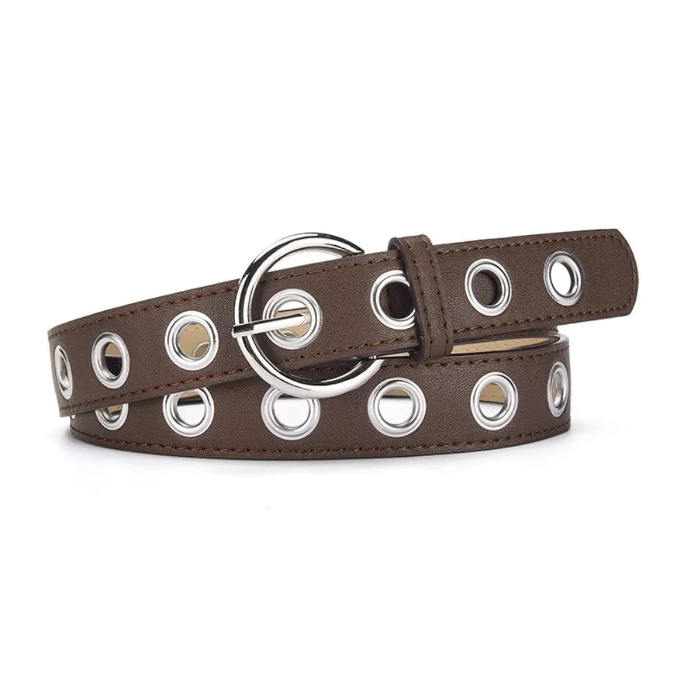 Adjustable Fashion Grommet Belt Durable Parallel Holes Punk Rock Waistband Universal Width Fit Polished Metallic Shine Qme Coffee