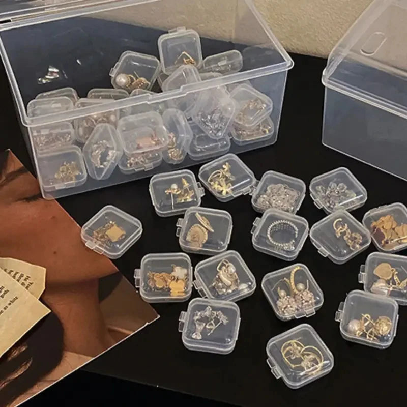 Mini Plastic Jewelry Storage Box Square Transparent Flip Portable Pill Container Jewelry Holder Packaging Earrings Display Case Qme