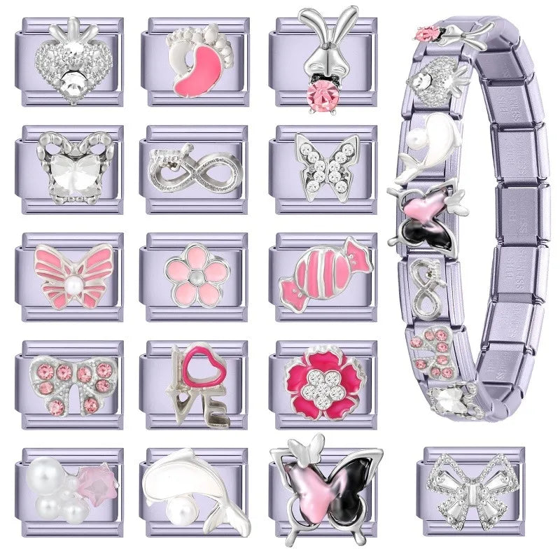 Fashion Zircon Bow Butterfly Cute Rabbit Italian Charms Links DIY Stainless Steel Bracelet Accessories Women Jewelry Making Gift Qme