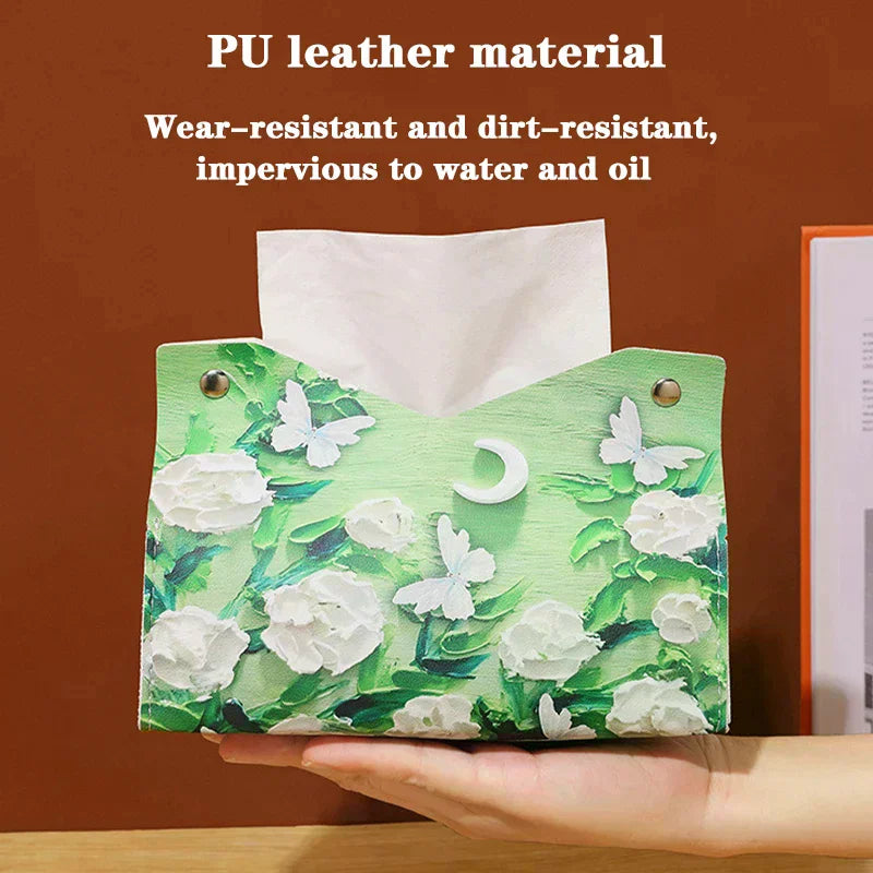 Oil Painting Style Flowers Tissue Box Creative Tabletop Napkin Box For Home Living Room Qme