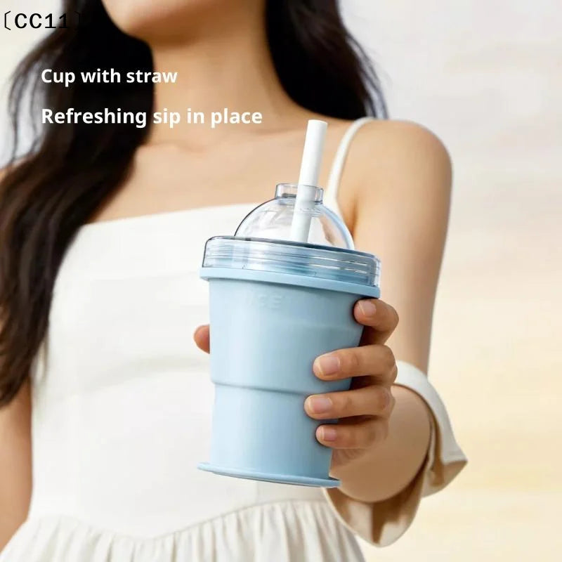 2-in-1 Silicone Ice Ball Maker Cup Foldable Leak-proof Travel Mug Qme