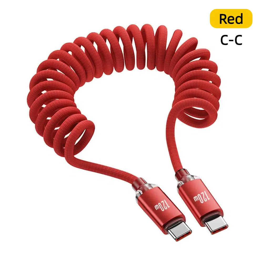 120W Spring Pull Telescopic USB C Data Cable USB To Type-C/Dual Type-C Car Fast Charging Cable 1m 2m For Xiaomi iphone 17 Huawei Qme red C-C 1m