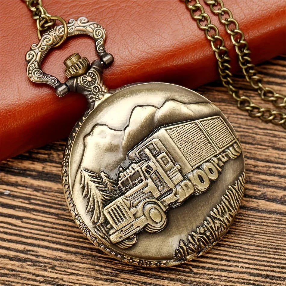 Bronze Big Truck Necklace Quartz Pocket Watch - Vintage Nostalgic Design, Perfect Holiday Gift for Teens Qme