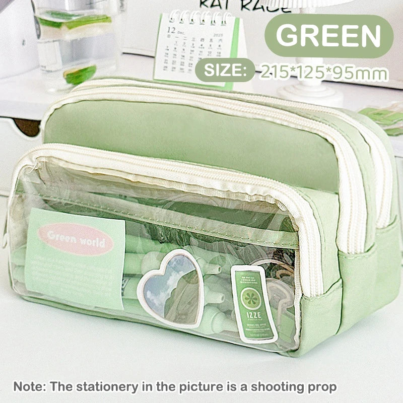 Chic Solid Pencil Case Korean Simplicity Transparent Pen Pouch Large Qme Green