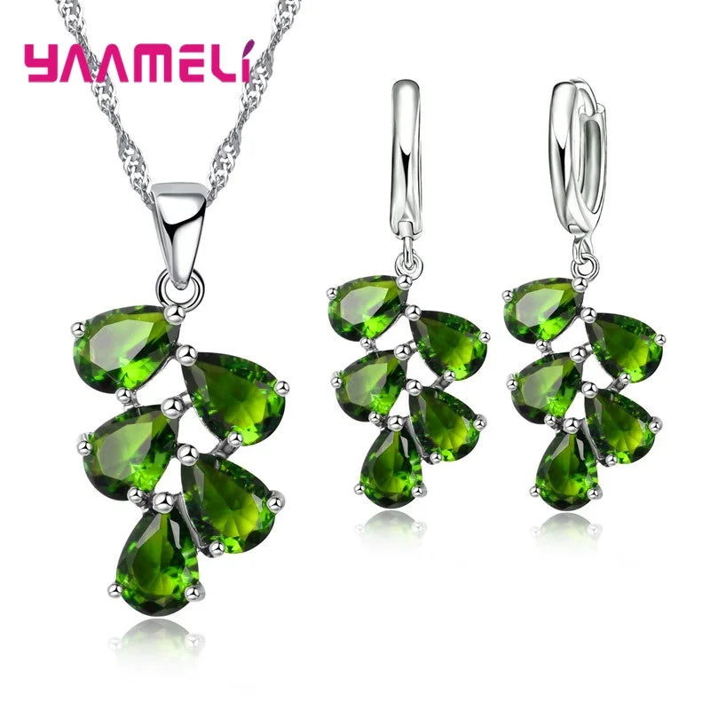 Anniversary Gift For Women Trendy 925 Sterling Silver Color Jewelry Sets Cubic Zirconia Pendants Necklaces Charm Hoop Earrings Qme Green