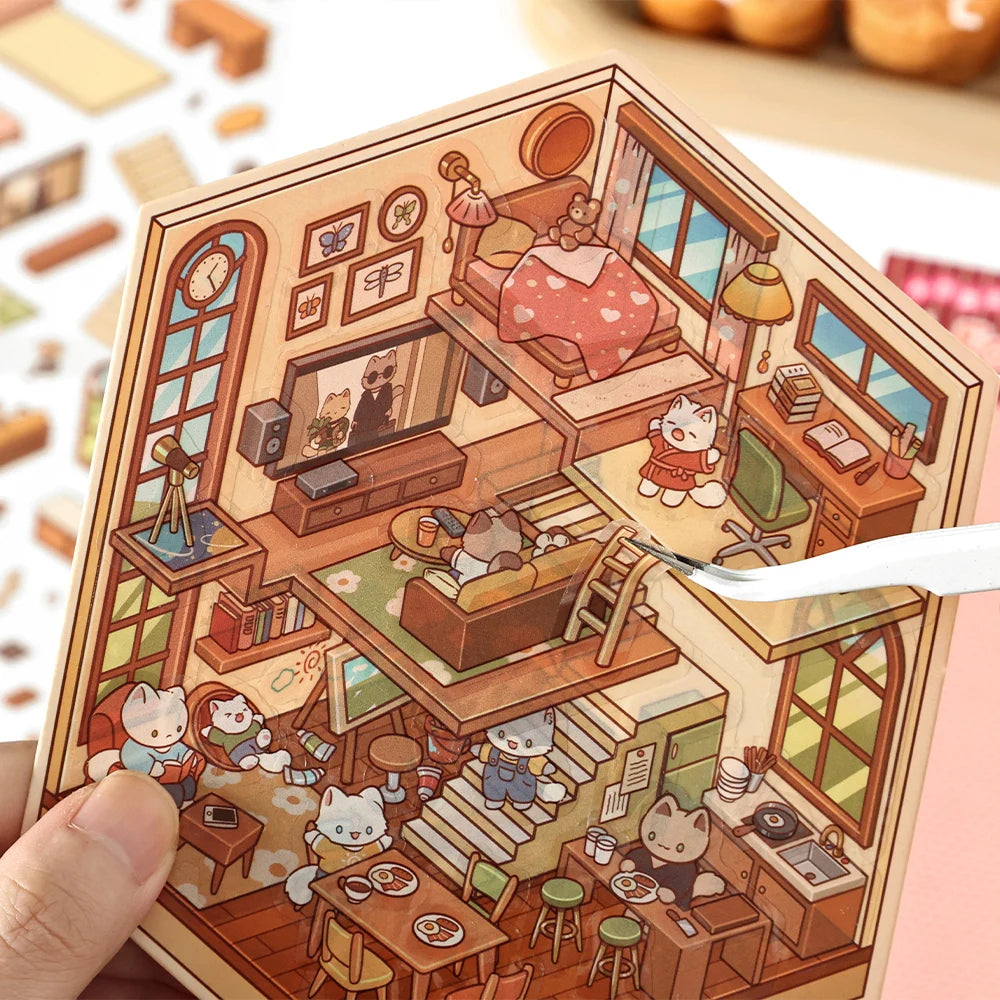 Cartoon 3D Landscaping Scrapbooking Stickers Miniature Scene DIY Cabin Scene Stacking and Pasting Hand Account Gift for Kid Qme
