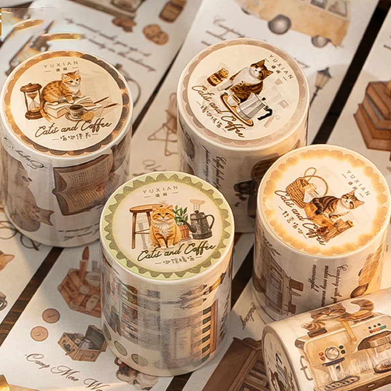 Coffee & Cats Washi Tape, Decorative Craft Tape for Journaling & Scrapbooking, Versatile for Stationery & DIY Lovers Qme 4 Rolls