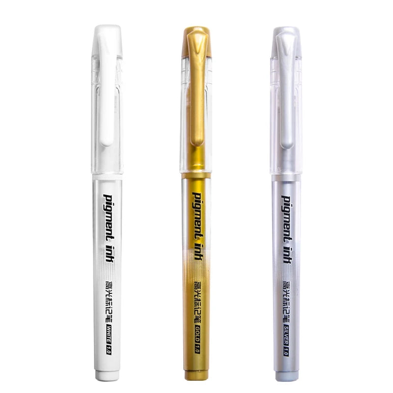 3Pcs/Set 1.0mm Highlight Marker Pen White/Gold/Silver Ink Large Capacity Gel Pen For Drawing Art Supply Sketch Paint Pen Qme 1white 1gold 1silver