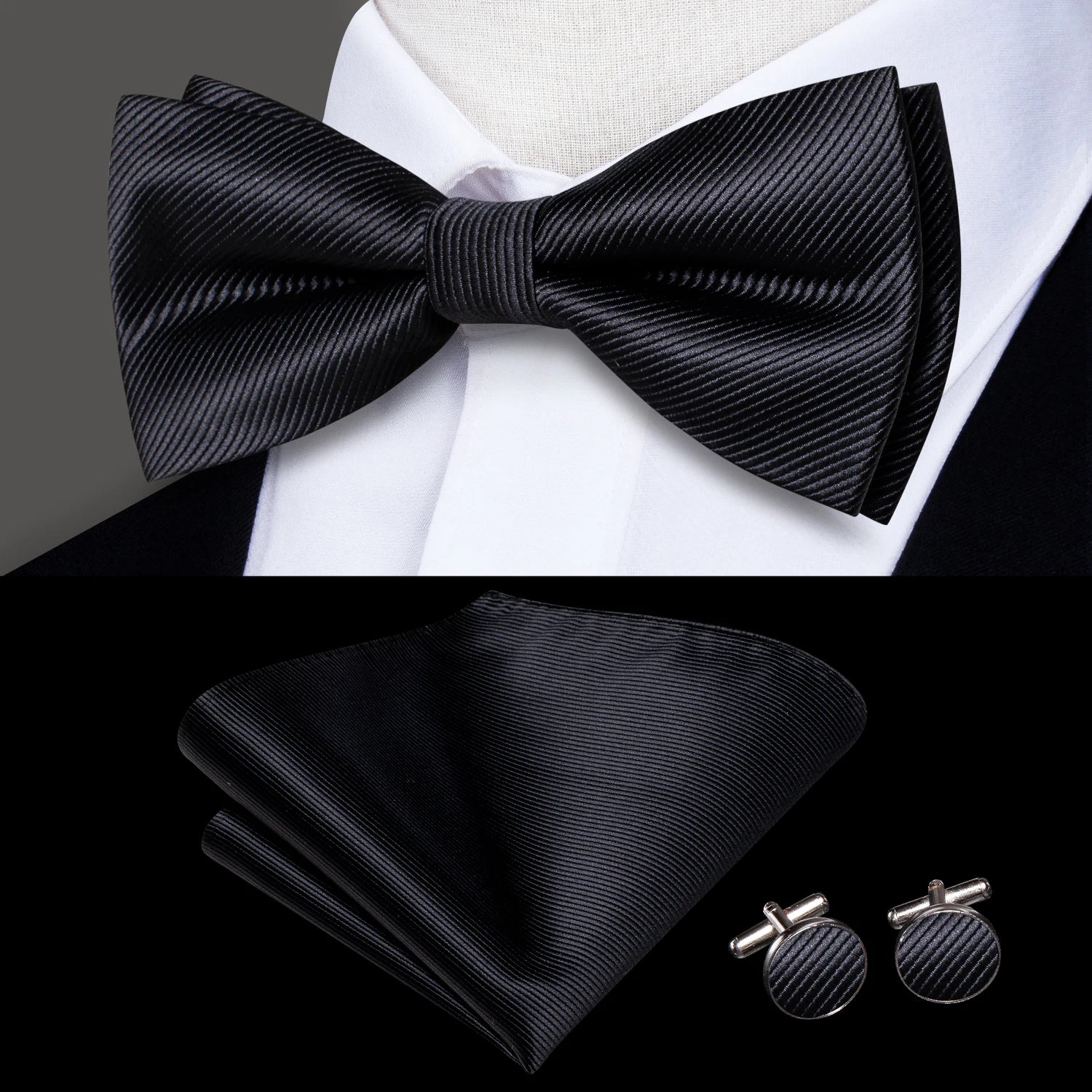 Hi-tie Grey Plaid Jacquard Pre-tied Mens Bow Tie Hanky Cufflinks