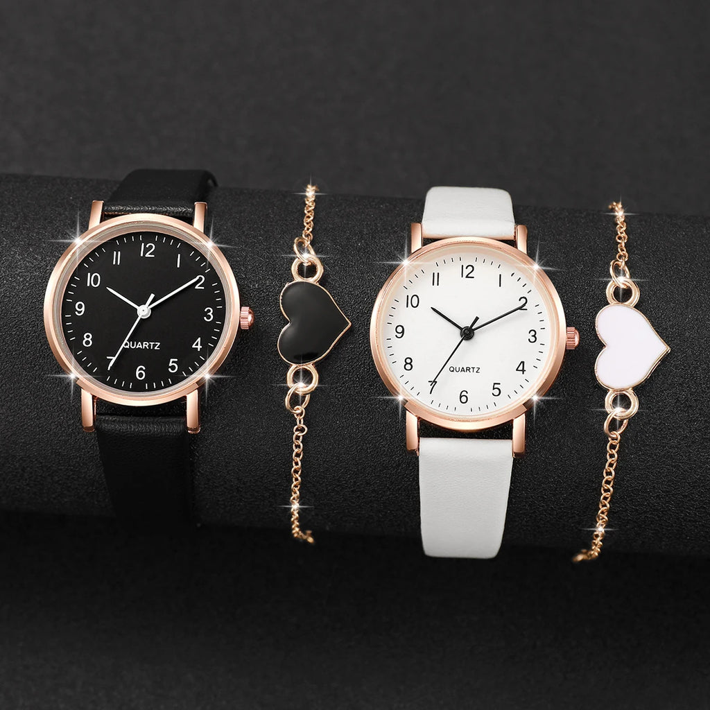 Quartz Watch with Leather Bracelet for Women, Heart Bracelets Without Box, Casual, Small, Female, Fashion, 8 Pieces Per Set Qme 2pcs 1