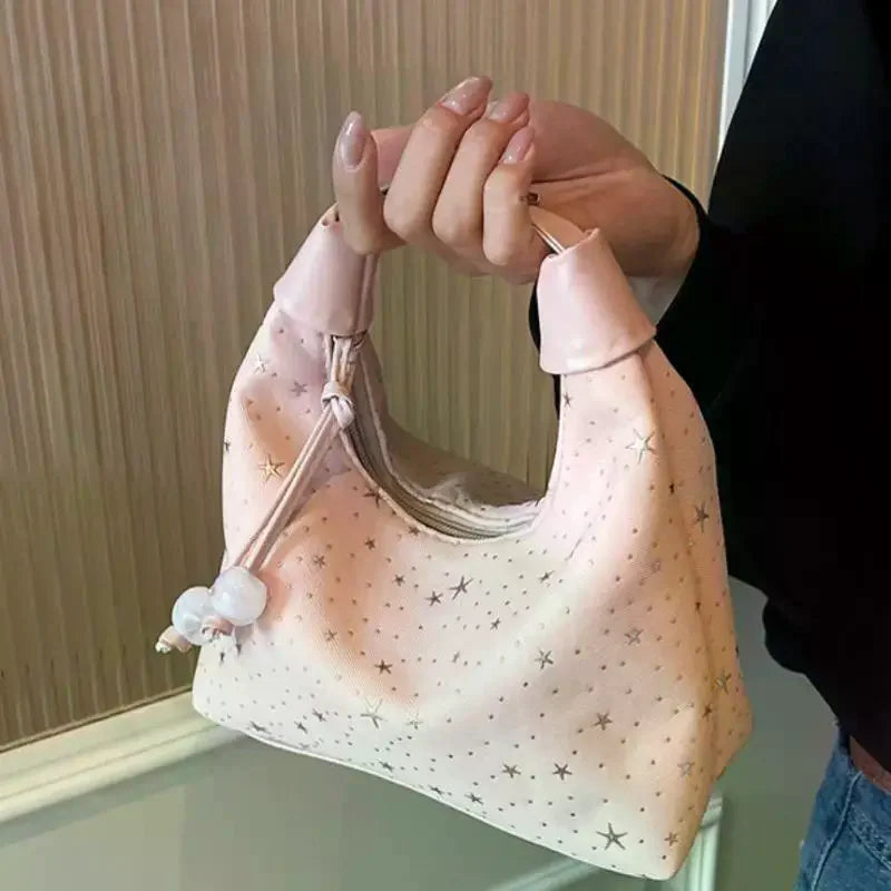 Sweet Sparkling Stars Shoulder Bag Nylon Texture Pearl Pendant Crossbody Bag Small Bucket Handbag Women Girl Qme