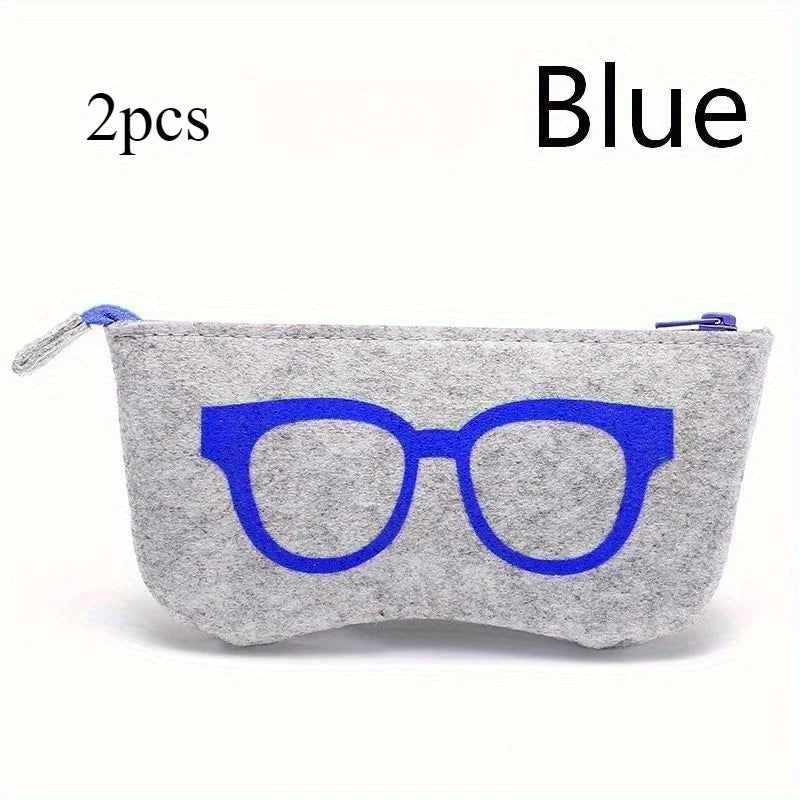 2PCS Soft Felt Eyeglasses Pouch with Zipper, Portable Sunglasses Storage Bag, Cute Glasses Print Protective Case for Men Women Qme Blue 2pcs