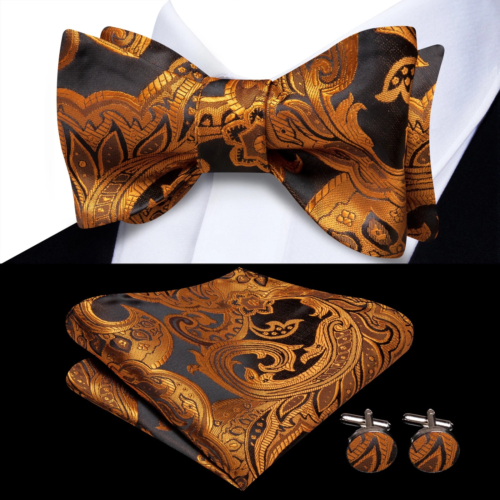 Pink Orange Sky Blue Hi-Tie Mens Bow Tie Pocket Square Cufflinks Set Self-tied Butterfly Knot Bowtie for Wedding Business Gift Qme HT-LH-2288