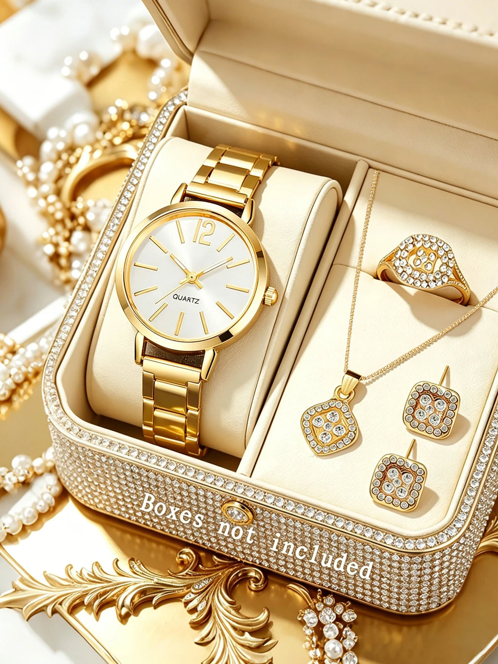 5pcs fashionable, elegant, simple temperament women's quartz watch set with round dial and exquisite jewelry set Qme