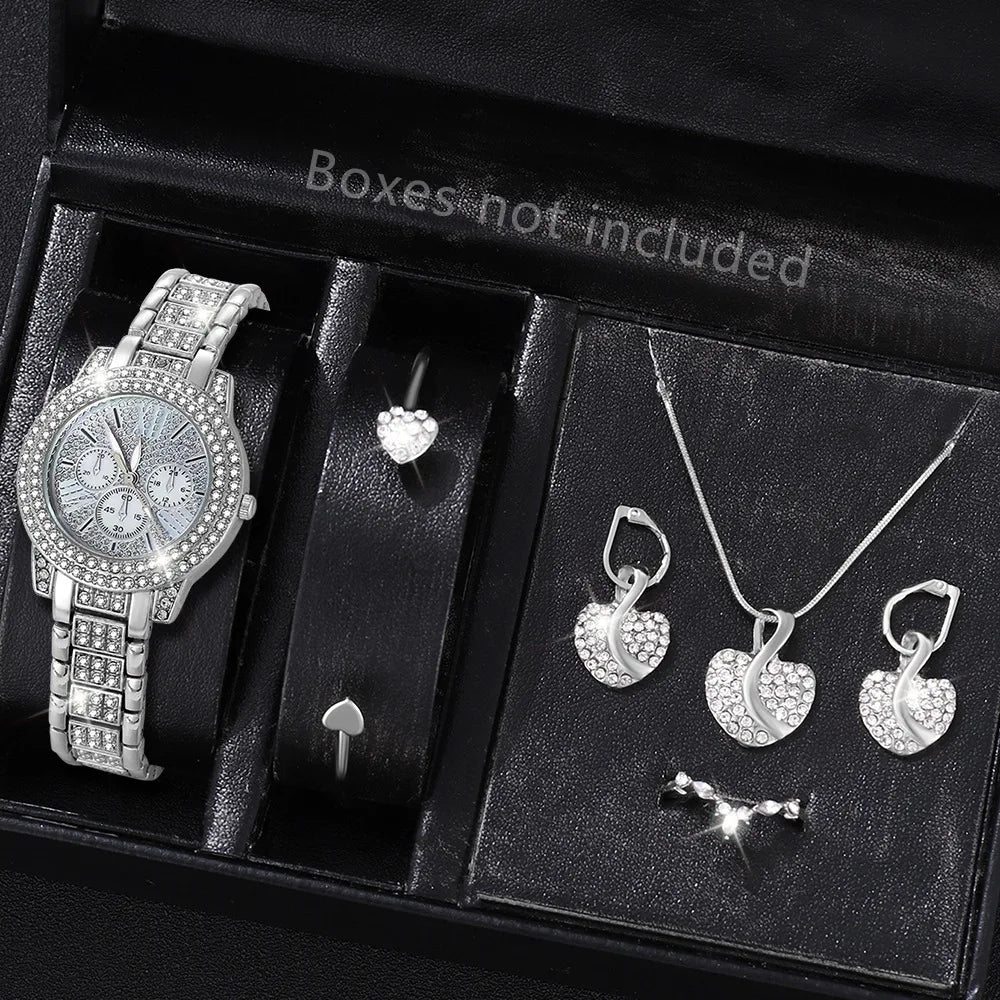 Affordable and high-end feel! Rose gold watch+necklace, earrings, ring, bracelet set Qme Silver