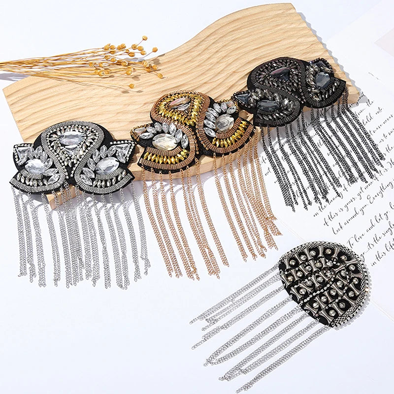 Epaulette Brooch Pin Bead Long Tassel Chain Electroplating Decor DIY Men Women Bling Epaulette Clothing Shoulder Jewelry Qme