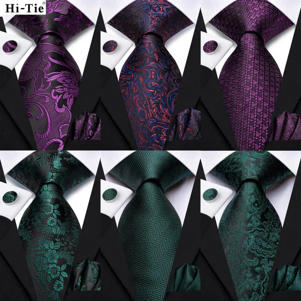 Hi-Tie Paisley Purple Green Floral Silk Elegant Tie For Men Groom Wedding Men Necktie Pocket Square Cufflink Accessory Wholesale Qme