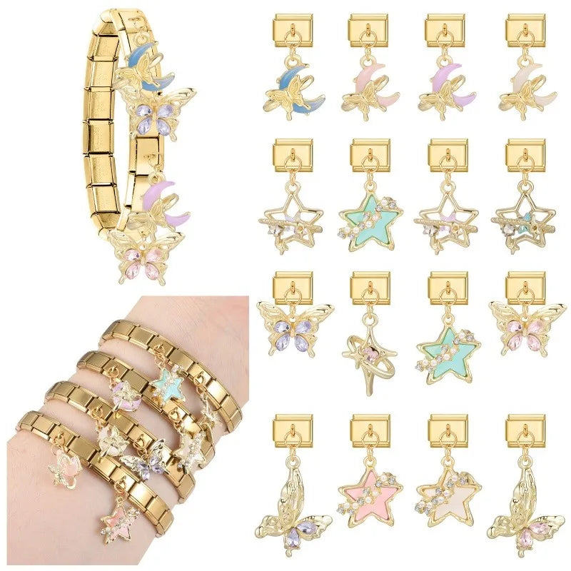 1Pc luxurious Italian style steel Stainless pendants inlaid with artificial zircon exquisite charm elegant Butterfly Moon Stars Qme