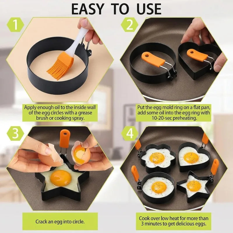 Stainless Steel Omelette Ring Used for Grills and Frying Pans Oil Brushes Pancakes and Egg Shakers with Silicone Handles Qme