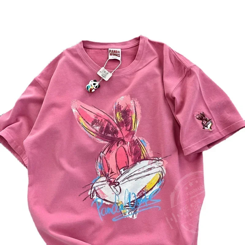 Spring New Korean Cartoon Rabbit Painting Leisure Half Sleeve Round Neck Pullover Cotton Short Sleeve T-shirt Female Qme