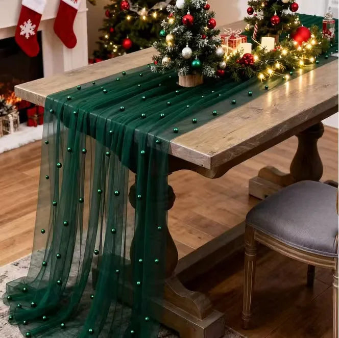 80x200cm Pearl Gauze Decorative Table Flag Beaded Net Gauze Wedding Table Flag Curtain Party Tablecloth Background Decoration Qme 80x200cm Green