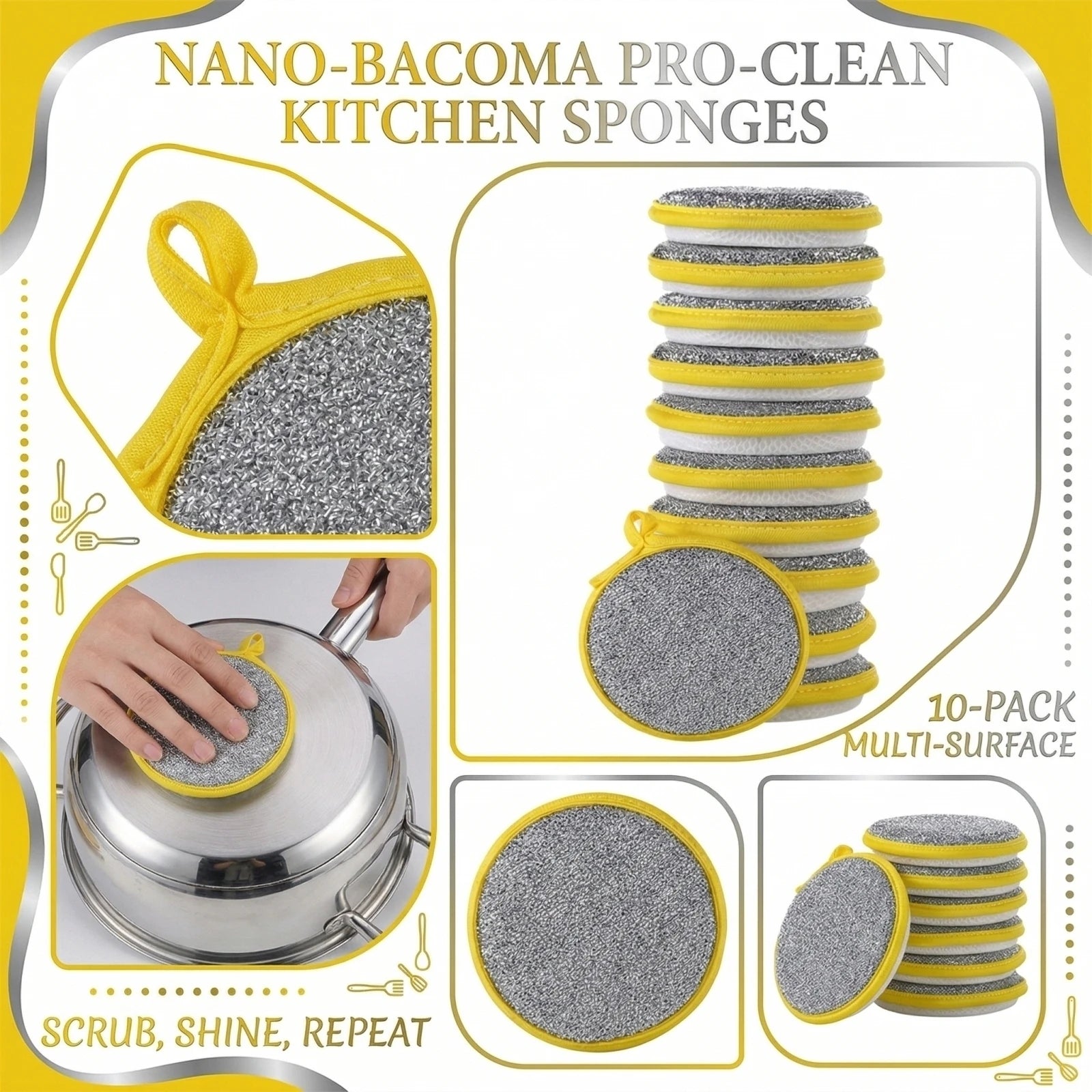 10PCS Kitchen Stain Removal Sponge Magic Wipes Clean Cotton Dishwashing Sponge Wipes Bathroom Cleaning Utensils Qme Yellow One Size