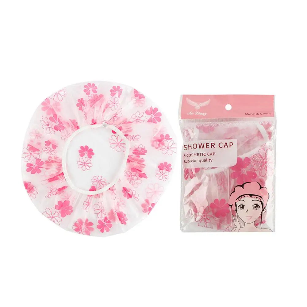 Shower Cap Women Elastic Reusable Hair Bath Caps Waterproof Bathing Qme pink flower