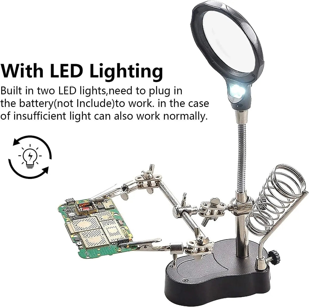 Desktop Magnifying Glass Soldering Station, Adjustable Helping Hands 3.5X 12X Magnifier with LED Light and Alligator Clips Qme