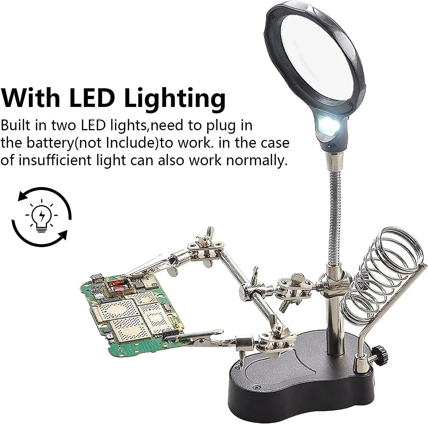 Desktop Magnifying Glass Soldering Station, Adjustable Helping Hands 3.5X 12X Magnifier with LED Light and Alligator Clips Qme