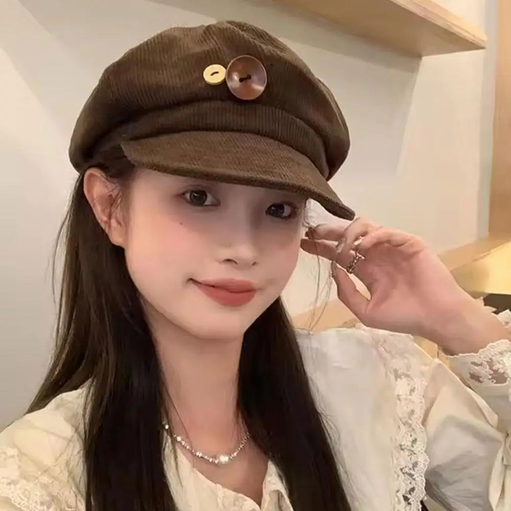 Retro Button Corduroy Octagonal Cap For Women Painter Artist Hat Japanese Girls Brown Peaked Caps Autumn Winter Berets Qme