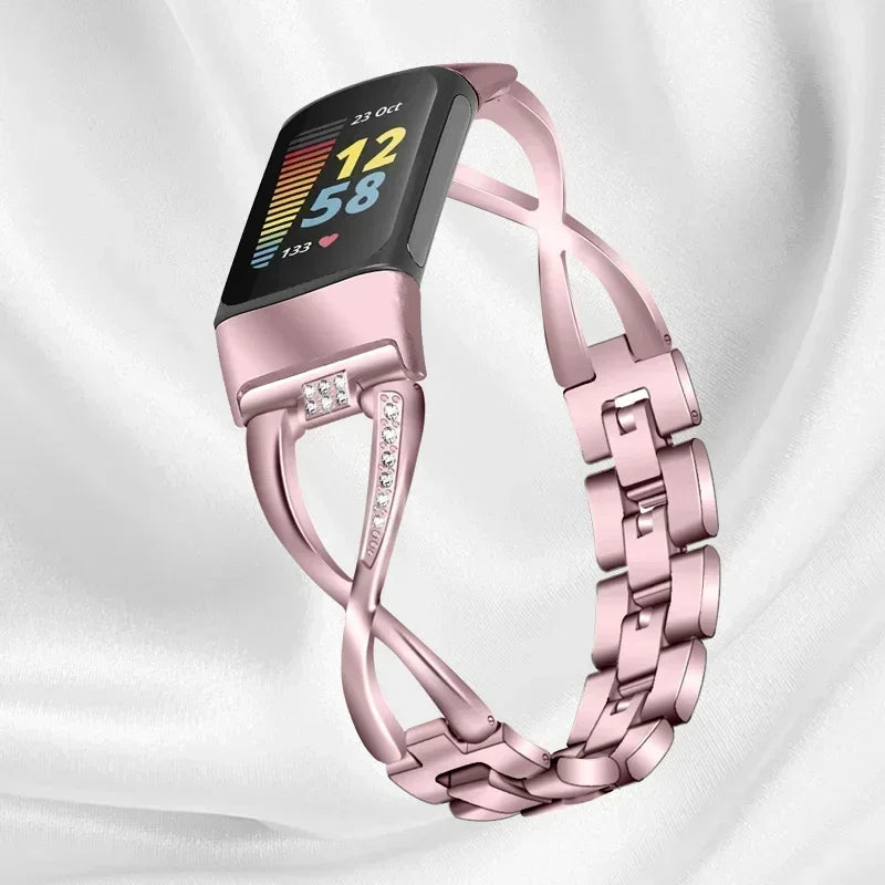 Fashionable Watch Band for Fitbit Charge 5 Smart Watch for Charge 5 Wrist Bracelet Band Zinc Alloy Diamond Strap Correa Metal Qme Rose pink For Fitbit Charge 5